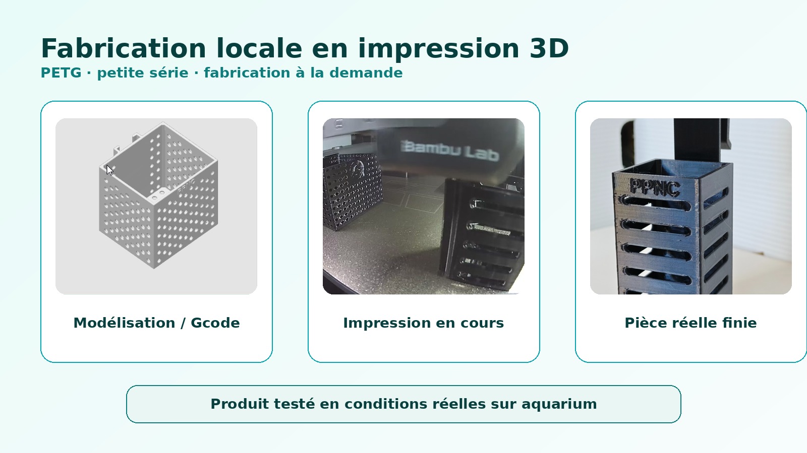 Fabrication locale en impression 3D PETG du support suspendu aquarium Passion Plantes NC